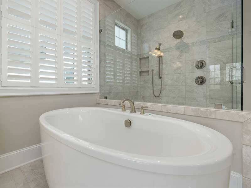 Modern bathroom with bathtub and walk-in shower with glass enclosure.
